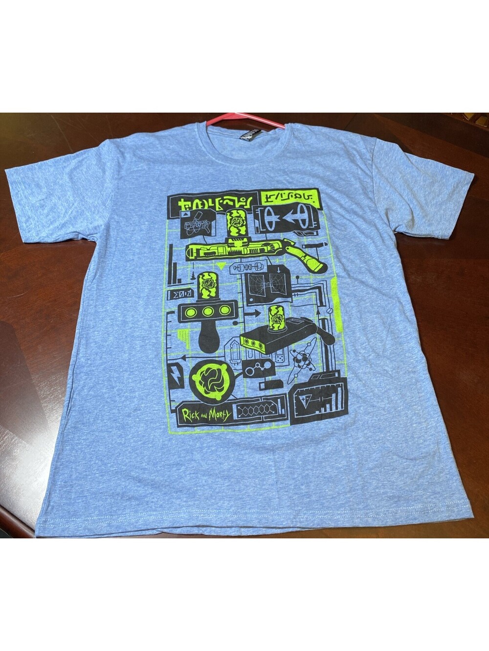 Large RICK AND MORTY SCHEMATICS T-SHIRT Portal Gun Blue Neon Green Loot Crate